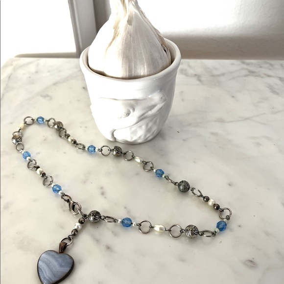 Clouds & Sky Blue Lace Agate Heart Gemstone Chain Lariat Choker Necklace - Picture 4 of 6